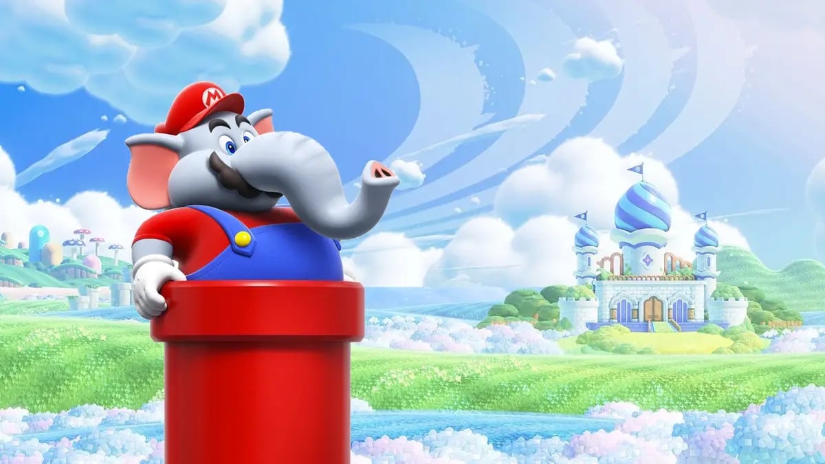 Mario emerges from a pipe in elephant form in 'Super Mario Bros Wonder'