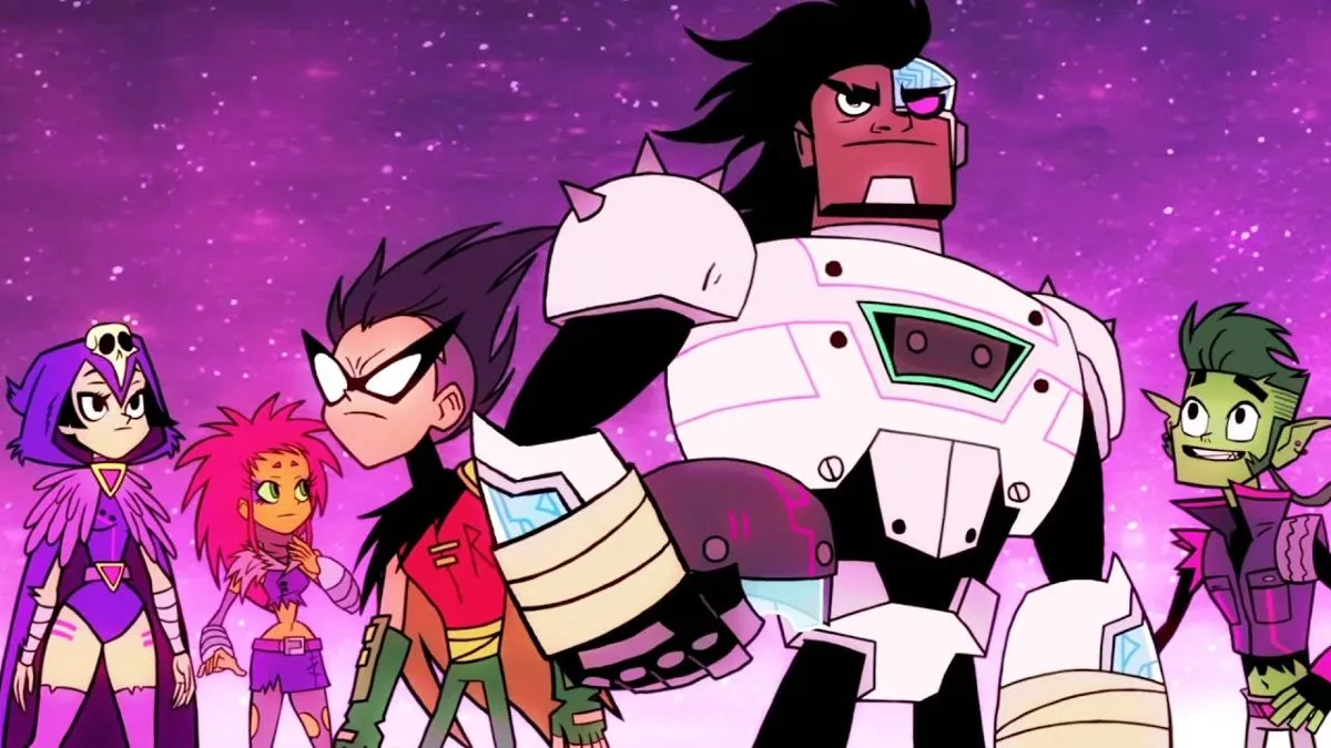 A team of animated superheroes in post-apocalyptic outfits in 'Teen Titans Go.'