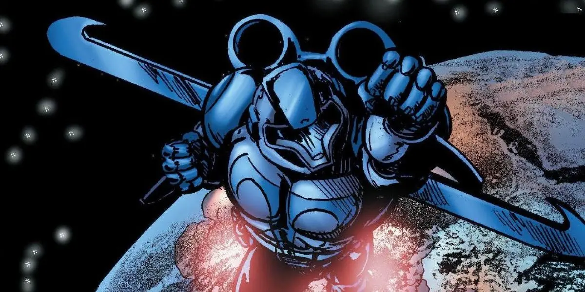 A comic book superhero wearing a suit of armor flies in space in 'The Boys'.