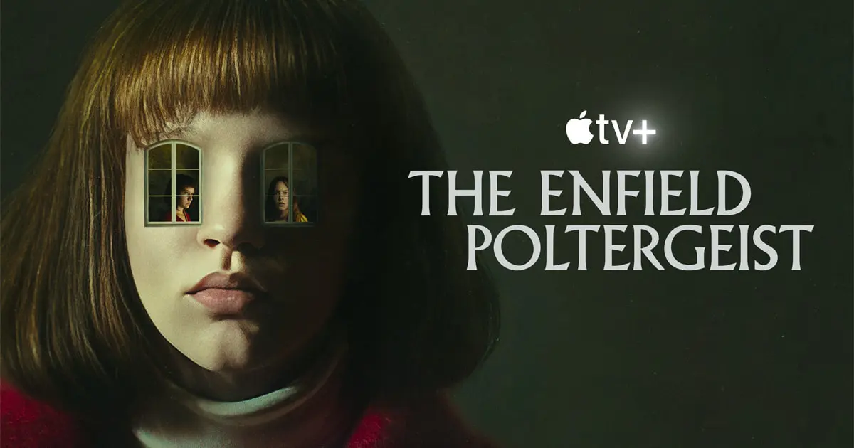 A girl's eyes area the windows of a house in 'The Enfield Poltergeist.'