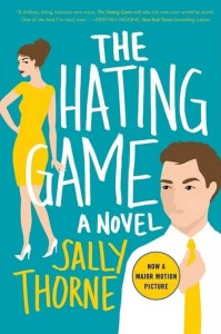 blue background with woman in yellow dress looking over shoulder at man in white shirt. The Hating Game by Sally Thorne cover