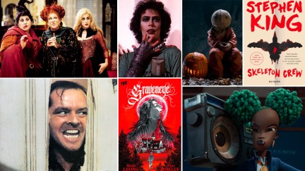 A collage featuring some of The Mary Sue staff picks for Halloween (clockwise from top left): 'Hocus Pocus,' 'The Rocky Horror Picture Show,' 'Trick 'r Treat,' Stephen King's 'Skeleton Crew,' 'Wendell & Wild,' 'Graveneye' by Sloane Leong and Anna Bowles, and 'The Shining'