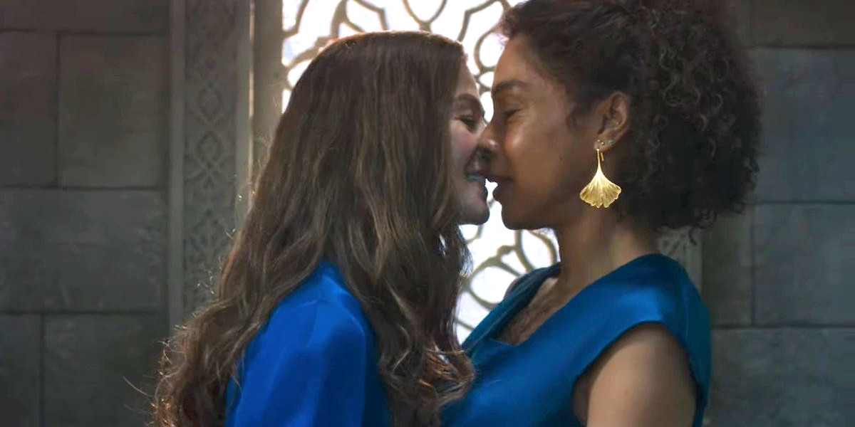 Moiraine Damodred and Siuan Sanche, played by Rosamund Pike and Sophie Okonedo almost kiss in Prime Video's The Wheel of Time.