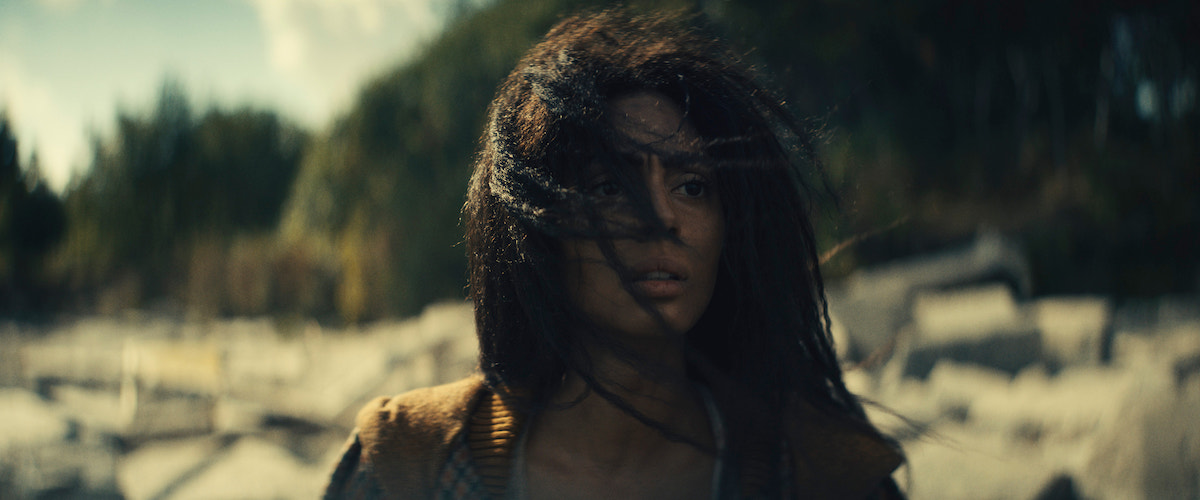 Emma stands in the wilderness, with her hair blowing in her face. From The Changeling