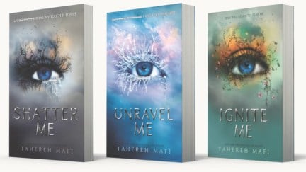 Three novels in Tahereh Mafi's Shatter Me series, including Shatter Me, Unravel Me, and Ignite Me