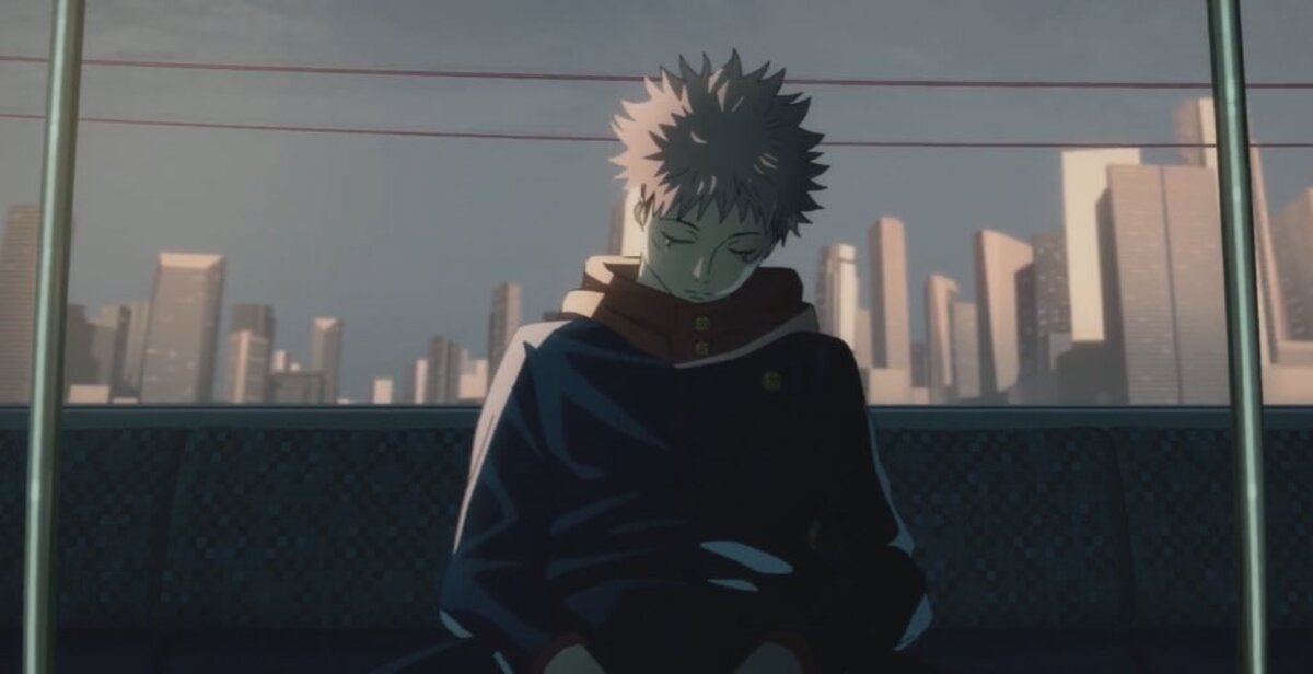 Yuji Itadori sitting on a train from Jujutsu Kaisen's ending outro