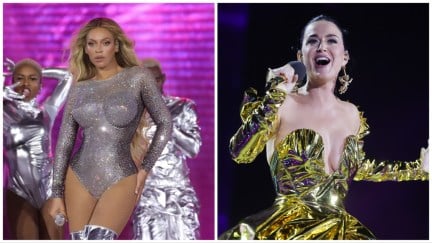 LEFT- Beyoncé wears a bodysuit while performing at the Renaissance tour. RIGHT- Katy Perry wears a gold gown while performing at the coronation of King Charles III.