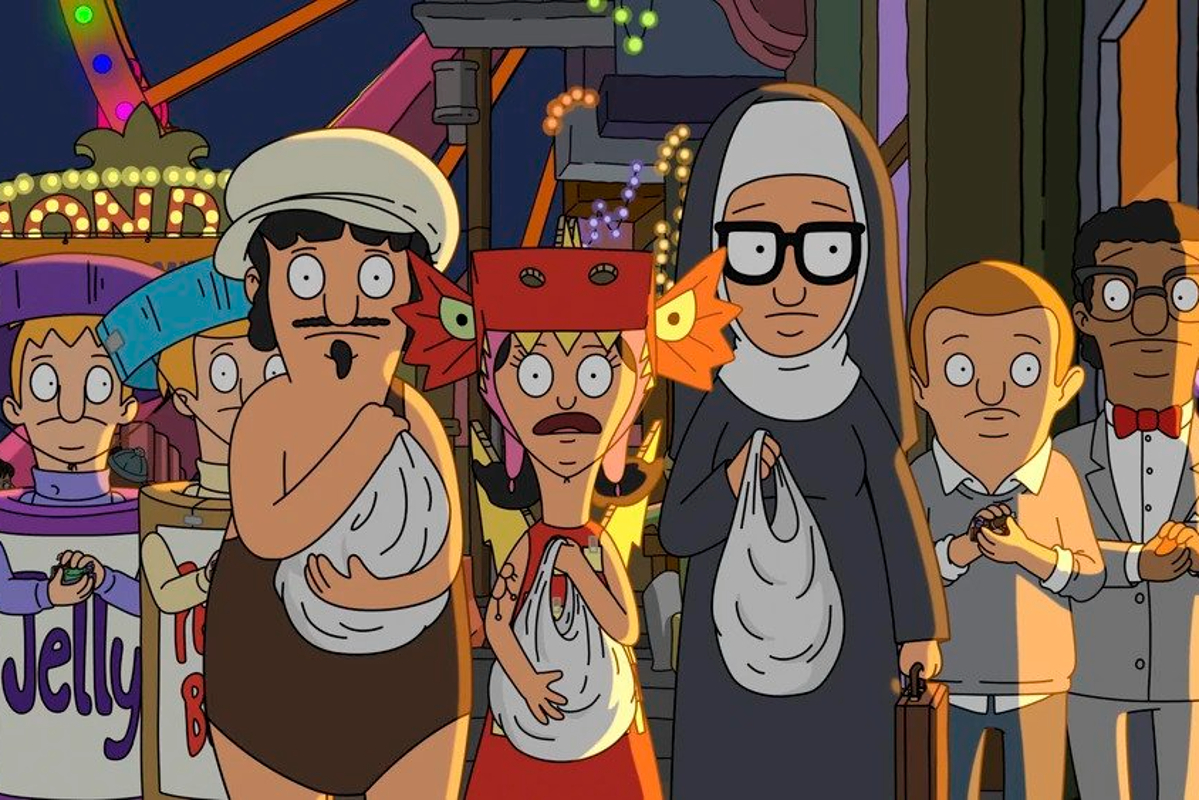 Still from Bob's Burgers Nightmare on Ocean Avenue Street; the kids stand at the front of a group of costumed children, their mouths are open in shock.