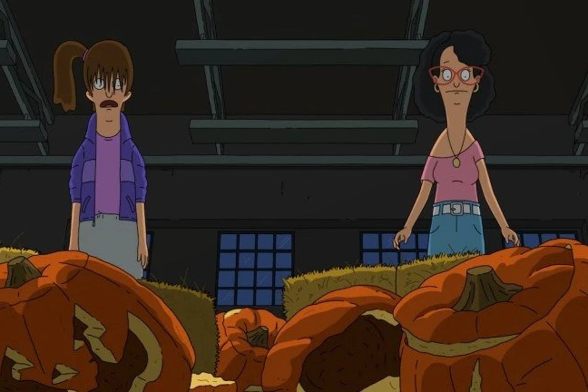 Still from Bob's Burgers episode The Punpkenining; Linda and Gail, dressed in 8's fashions, stare at a floor full of smashed pumpkins.
