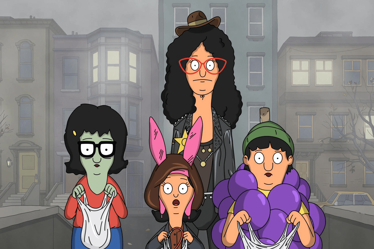 Still from Bob's Burgers episode The Wolf of Warf Street; Linda and the kids stand on a misty street, dressed as a zombie, John Wick, a bunch of grapes, and a Cher-if. They all look scared.
