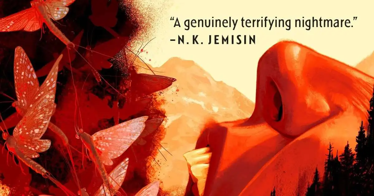 A red-tinged painting of a mouth open in a scream, with insects flying out of it. A blurb in the corner says "A genuinely terrifying nightmare -- N.K. Jemisin."