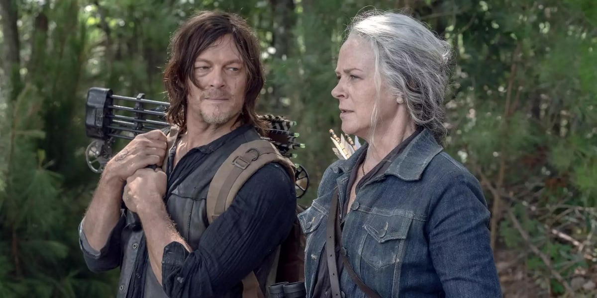 Normal Reedus and Melissa McBride as Daryl and Carol in the Walking Dead
