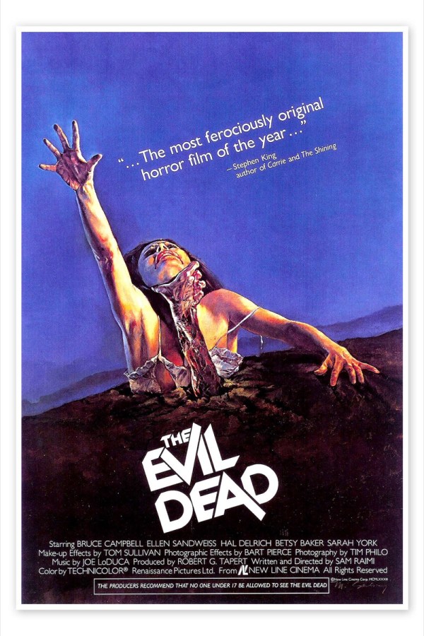 A woman is dragged beneath the dirt by a corpse in the poster for "evil dead" 