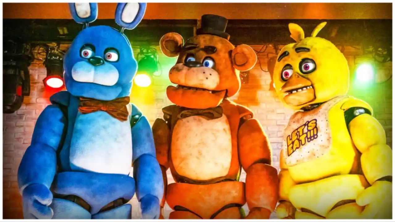 Animatronic figures: a blue bunny, a brown bear, and a yellow chick in 'Five Nights at Freddy's'.