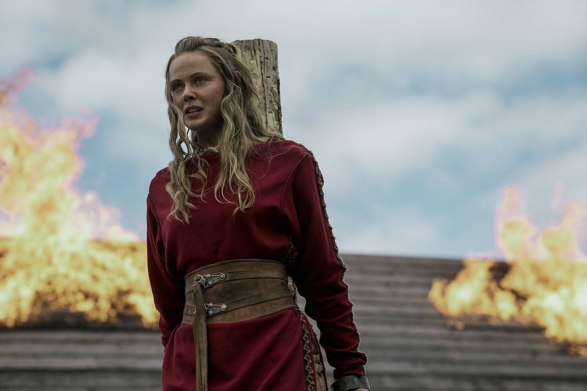 Freydis is tied to a stake with flames behind her in Vikings: Valhalla.