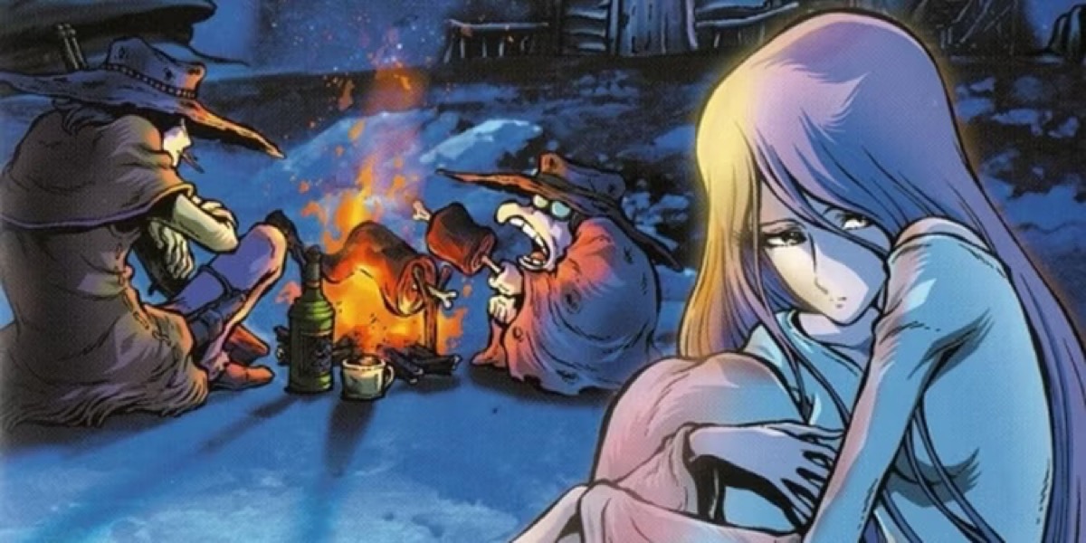Two me sit around a fire eating while an emaciated woman huddles up a few feet away in "Gun Frontier"