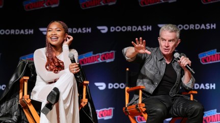 NEW YORK, NEW YORK - OCTOBER 13: Audible Original “Slayers: A Buffyverse Story” Series Stars (L-R) Laya DeLeon Hayes and James Marsters on Official New York Comic Con Panel at Javits Center on October 13, 2023 in New York City. (Photo by Ilya S. Savenok/Getty Images for Audible)