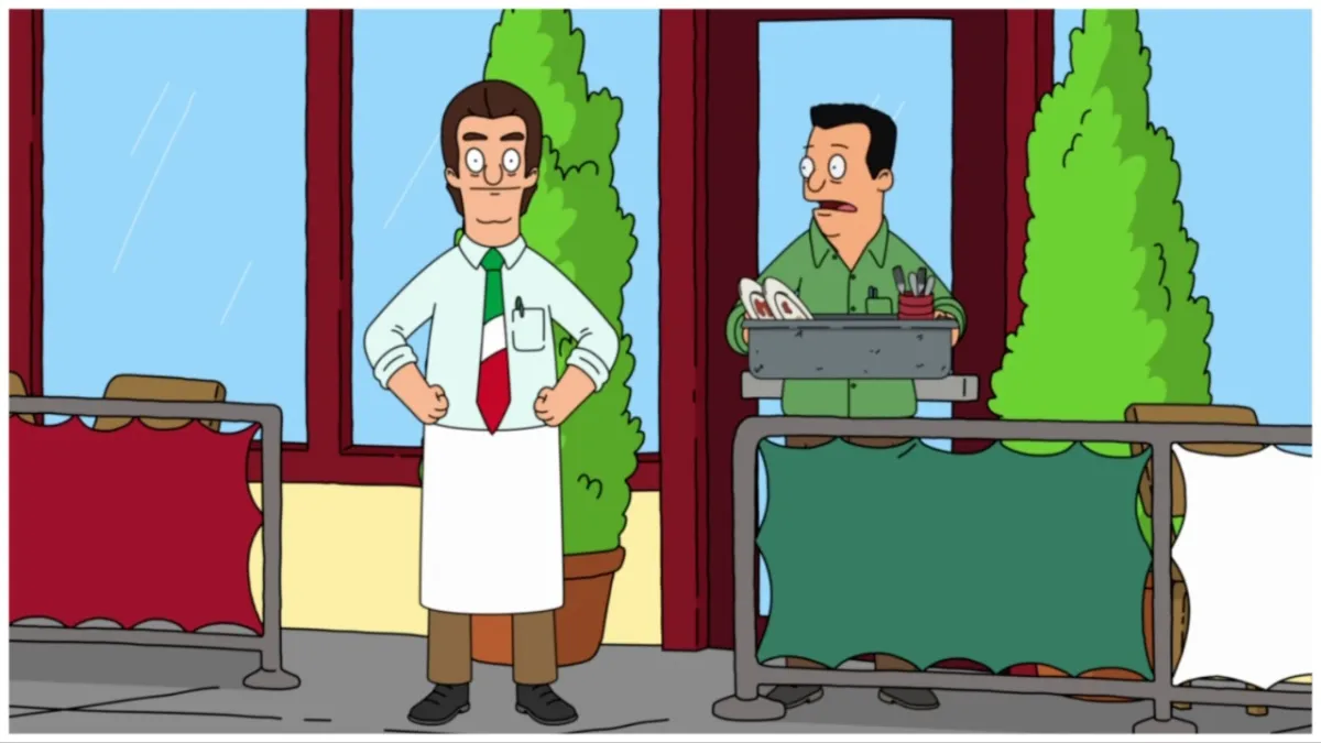 Jimmy Pesto stands with his hands on his hips next to a busboy in 'Bob's Burgers'.