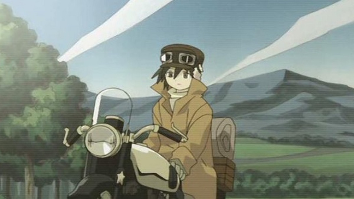 Kino sits on their motorcycle Hermes on a road in the wilderness in "Kino's Journey" 