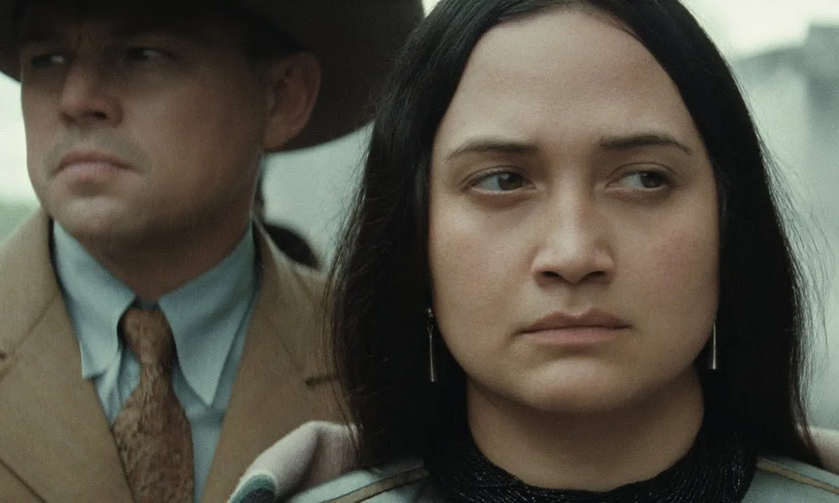 Mollie (Lily Gladstone) with Ernest (Leonardo DiCaprio) in 'Killers of the Flower Moon'.