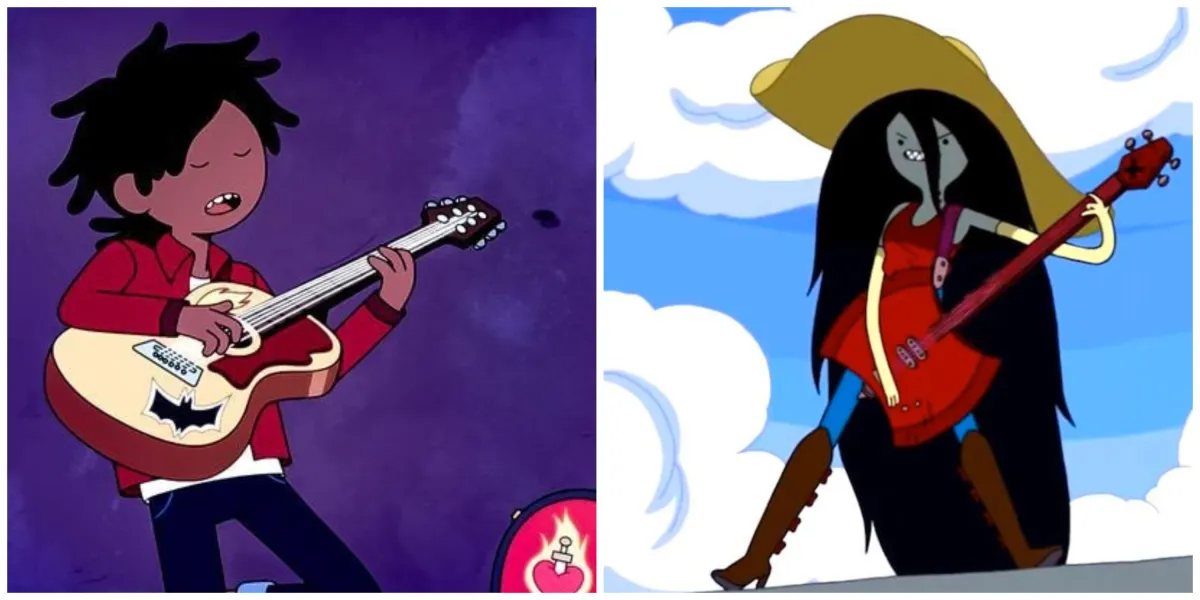 Two animated characters in side by side images: Marshall Lee, a young Black character, and Marceline, a grayish vampire girl, both playing guitar.
