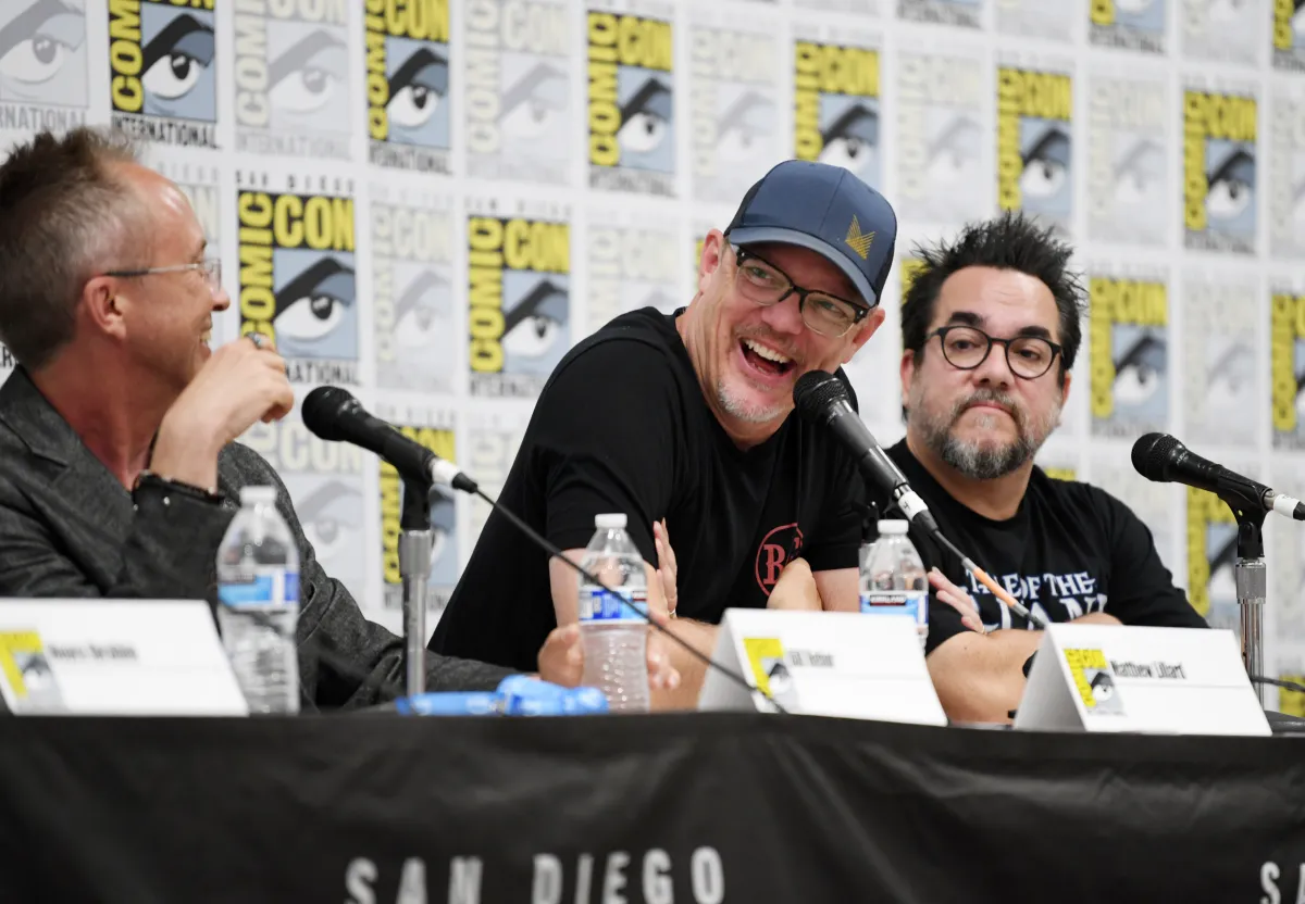 SAN DIEGO, CALIFORNIA - JULY 20: (L-R) Bill Rehor, Matthew Lillard and Brian Suskind attend the Creating An RPG Empire panel during 2023 Comic-Con International: San Diego at San Diego Convention Center on July 20, 2023 in San Diego, California. (Photo by Chelsea Guglielmino/FilmMagic )