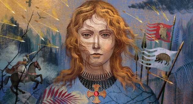 Hild, wearing chainmail and a cross around her neck, looks at the viewer with knights and banners behind her.