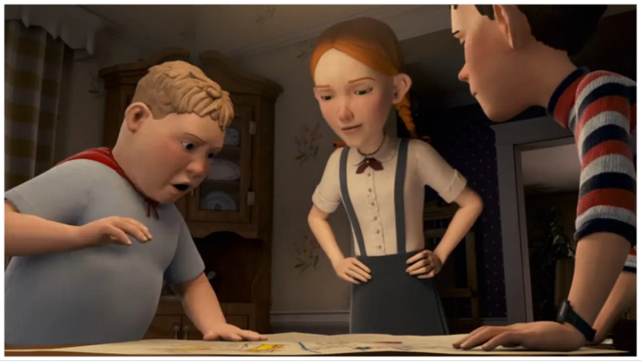 Three kids pour over a map in 'Monster House'.