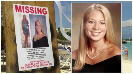 A screenshot of WHAS11 News coverage of Natalee Holloway's murder, which shows a side by side of her missing poster on a beach and a headshot of Holloway.