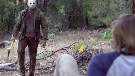 Jason Voorhees approaching a victim in Never Hike Alone.