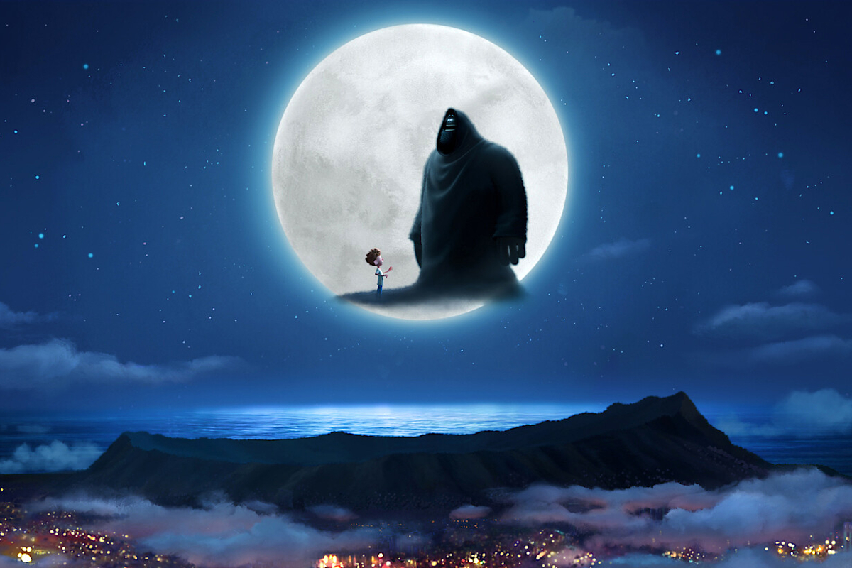A small boy and a huge cloaked figure stand on a cloud in front of the moon at night in the animated film 'Orion and the Dark'