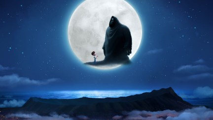 A small boy and a huge cloaked figure stand on a cloud in front of the moon at night in the animated film 'Orion and the Dark'