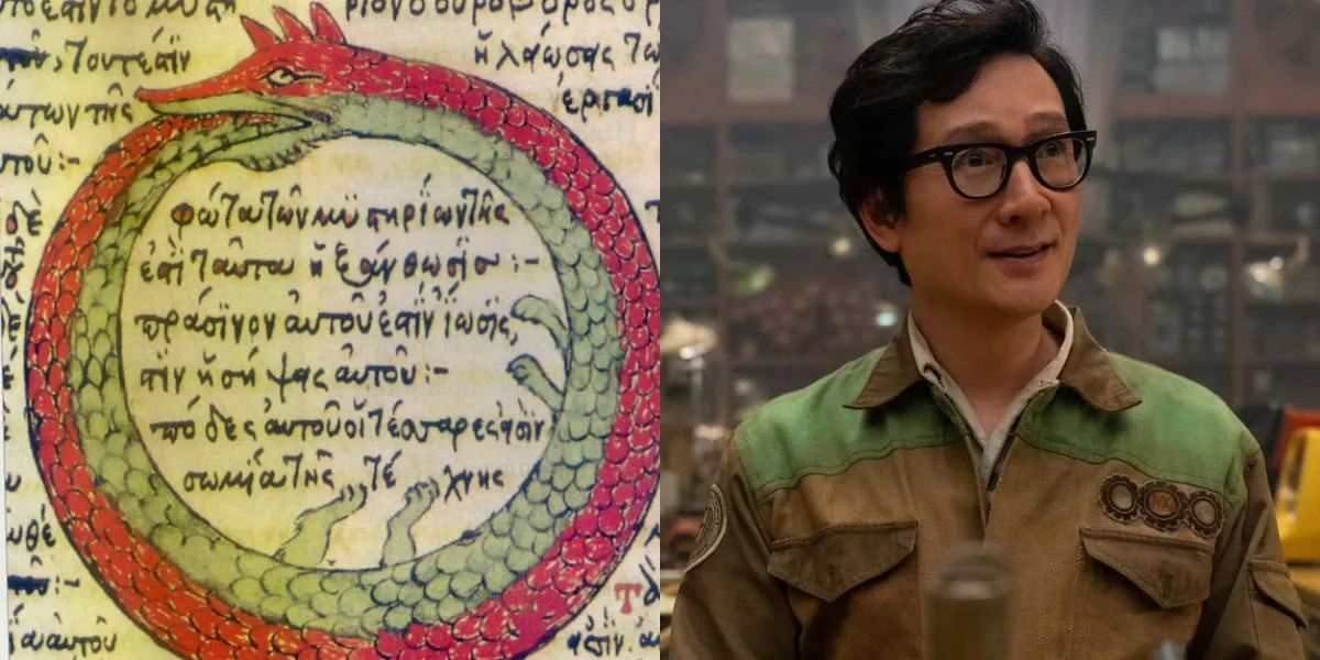 Ouroboros from 'Loki' next to an illustration of an ouroboros in an alchemical tract.
