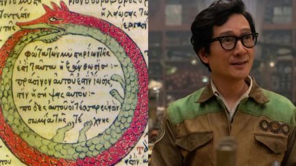 Ouroboros from 'Loki' next to an illustration of an ouroboros in an alchemical tract.