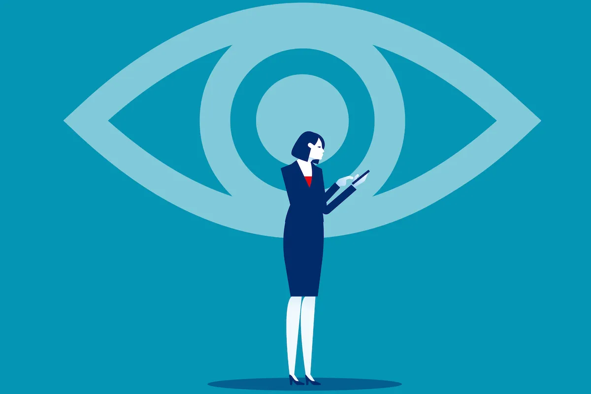 Illustration of a giant eyeball watching a woman type on her phone.