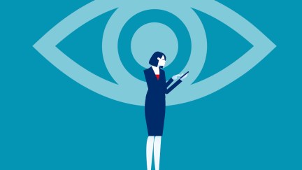 Illustration of a giant eyeball watching a woman type on her phone.