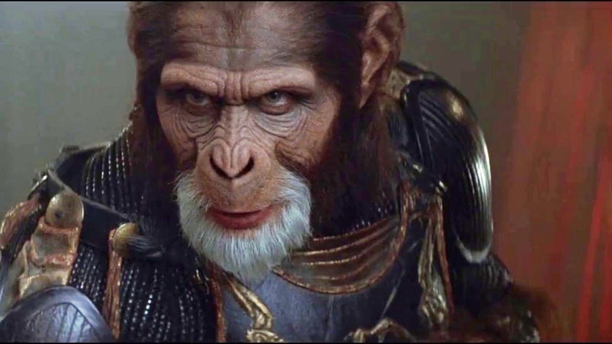 An official looking ape looking suspicious in Tim Burton's "Planet of the Apes"