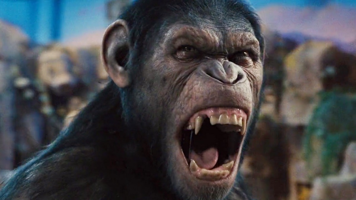 An ape growling in "The Rise of the Planet of the Apes"