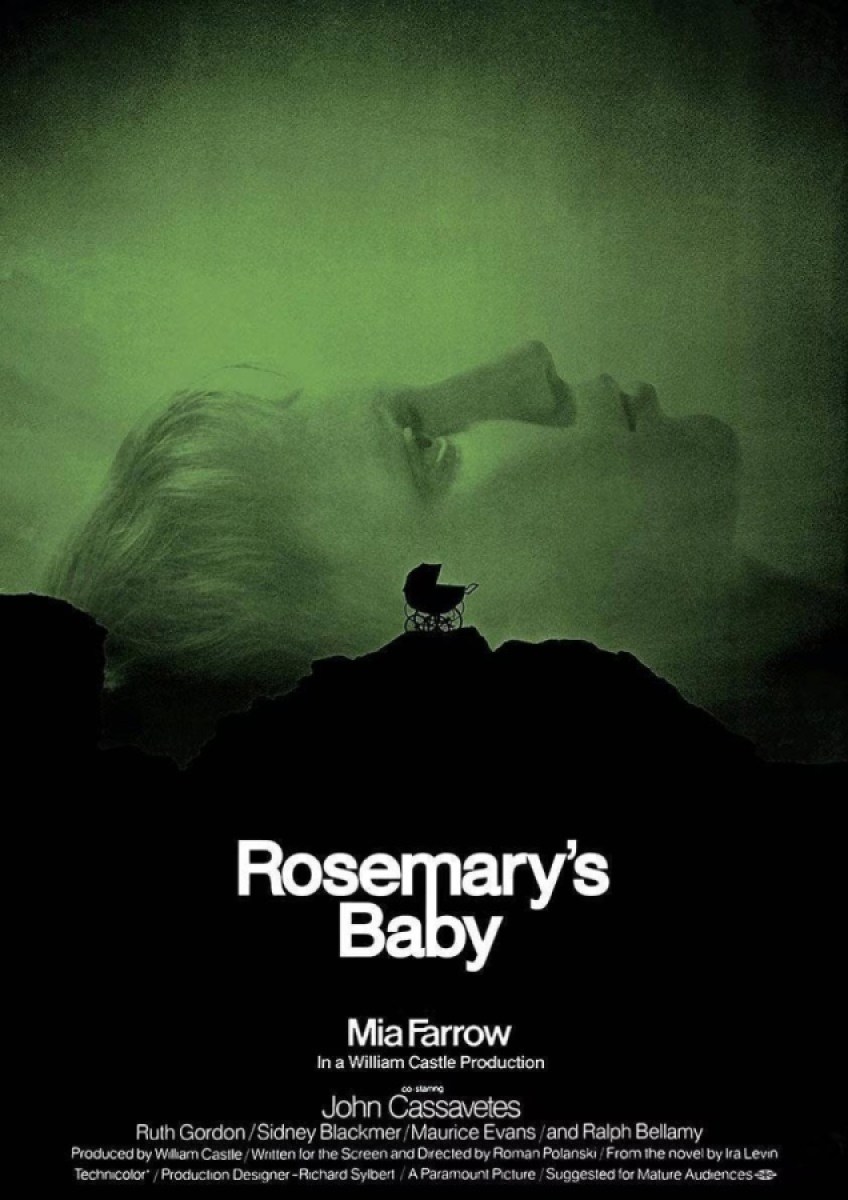 A woman lays facing up in front of a silhouette of a baby stroller in "Rosemary's Baby"