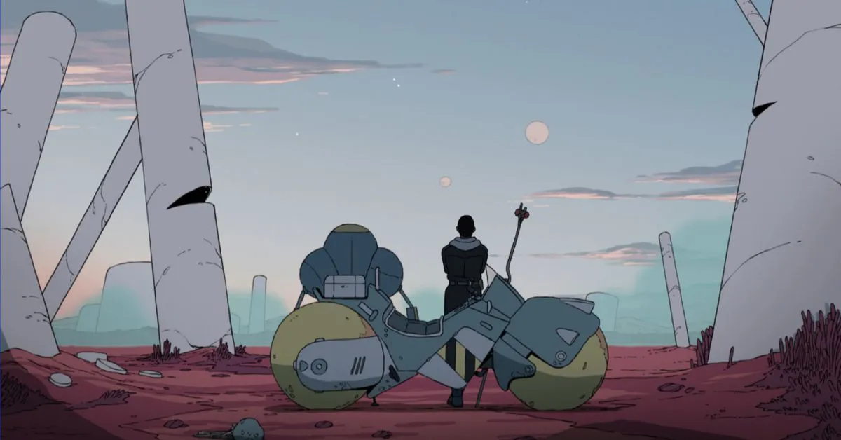 Levi and Azi relax against Azi's motorbike with a vast sky before them in Scavengers Reign.