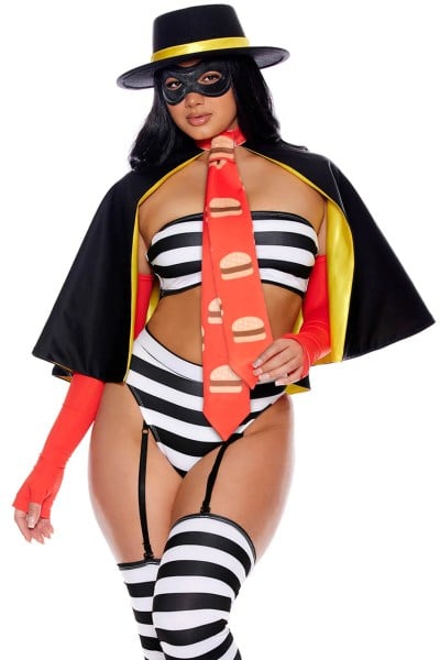 Woman in a sexy Hamburglar costume.