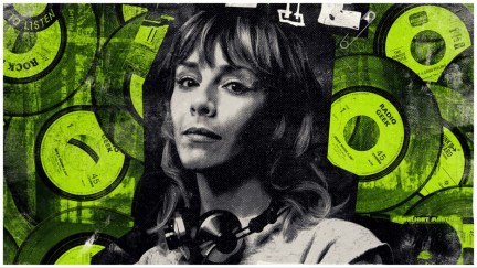 Vintage punk-style poster of Sylvie (Sophie Di Martino), wearing headphones around her neck and posing against a background of neon green records.