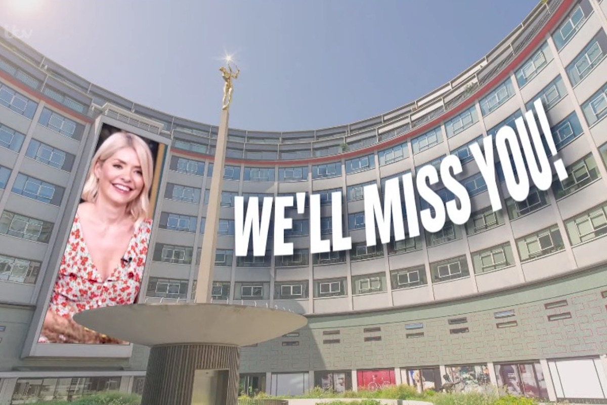 A photo of Holly Willoughby and text reading "We'll miss you!" imposed over a shot of the exterior of a building