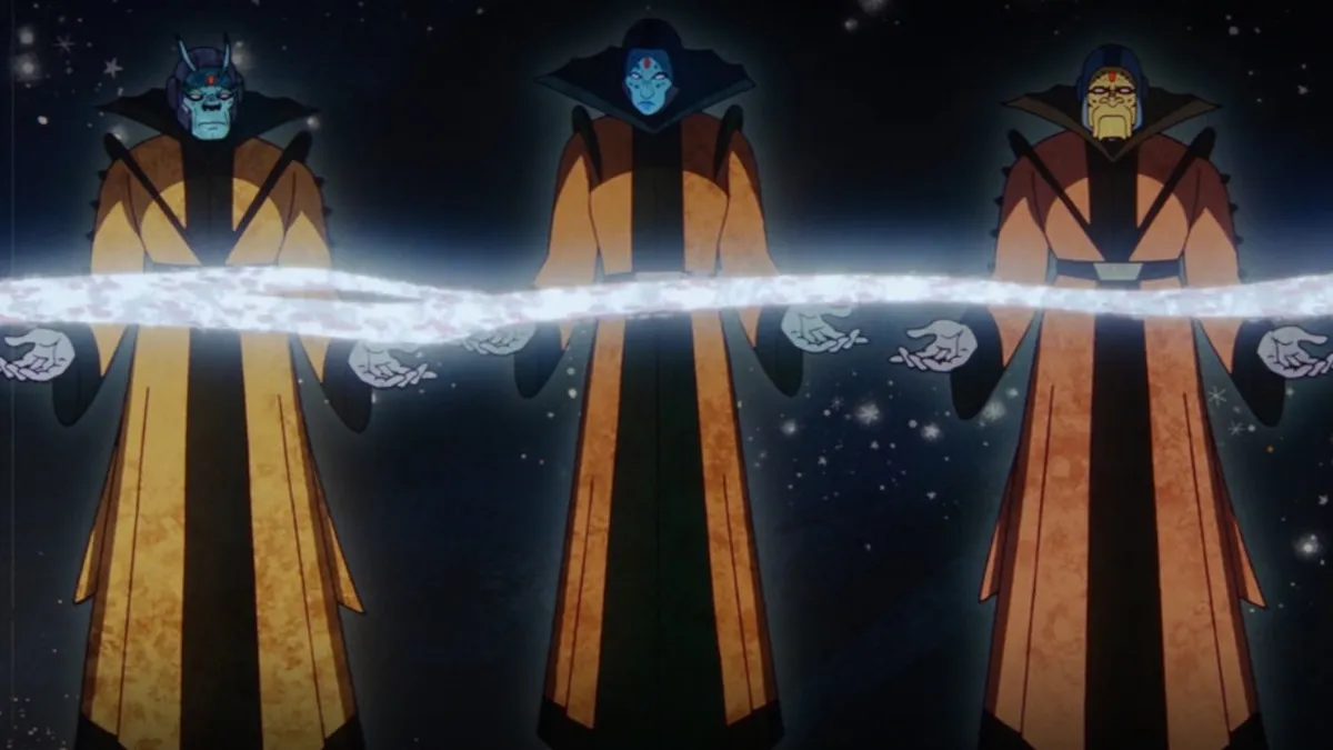 The Time Keepers float in space, manipulating a glowing timeline in an animated TVA orientation video.