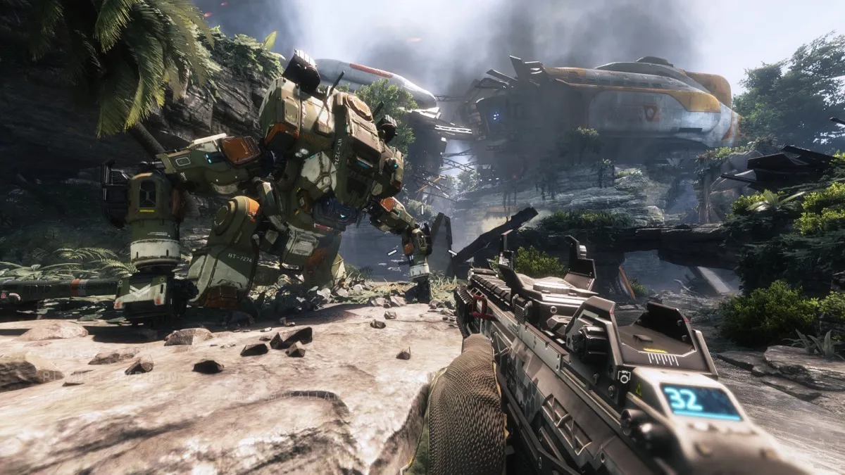 POV of a soldier with a gun looking at a giant robot mech suit in "Titanfall 2"