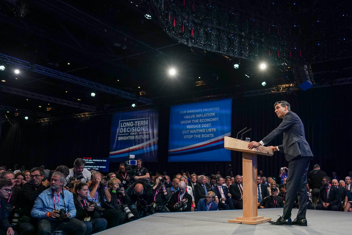 Prime Minister Rishi Sunak speaks during the Conservative Party Conference