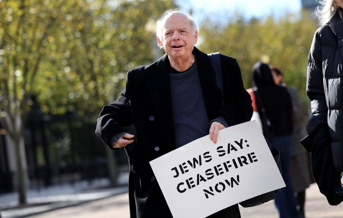 Wallace Shawn walks down the street, holding a sign that says "Jews say: ceasefire now."