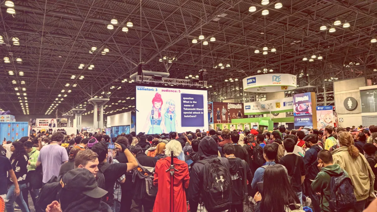 A Hololive stream at Anime NYC, offered at the official Hololive booth.