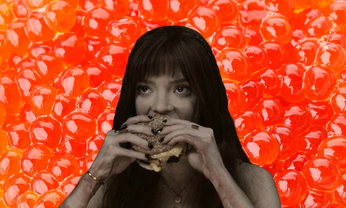 Anya Taylor-Joy eating a cheeseburger in 'The Menu,' laid over a close-up of red caviar