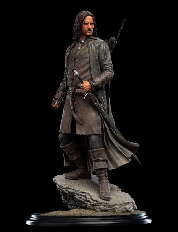 A model of Aragorn from the Lord of the Ring films, he's standing contraposto with his hand on his sword hilt.